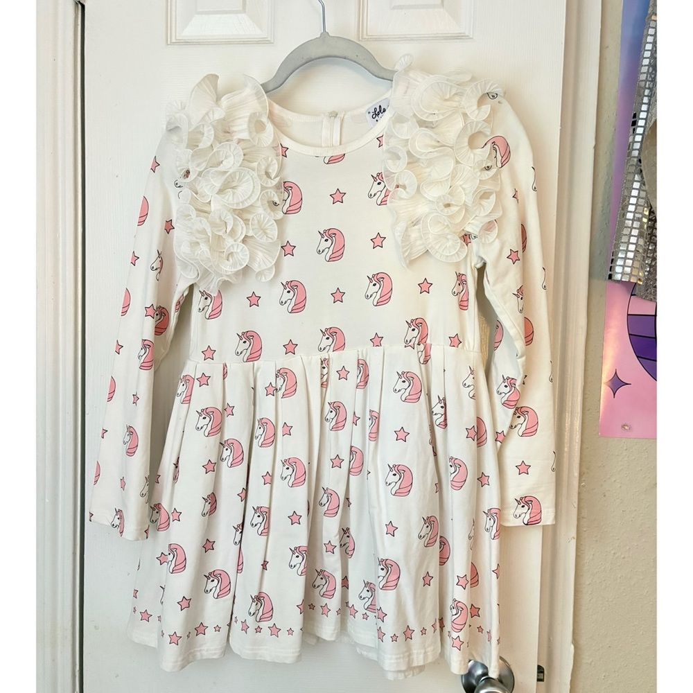 Lola + The Boys Cream Unicorn Print Ruffle Shoulder Dress